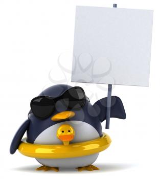 Royalty Free Clipart Image of a Penguin With a Rubber Duck Ring and a Sign