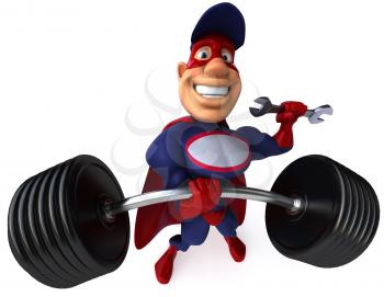 Royalty Free Clipart Image of a Superhero Mechanic With a Barbell