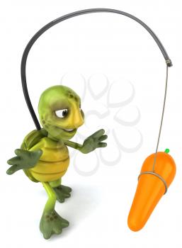 Royalty Free Clipart Image of a Turtle With a Carrot Dangling in Front of Its Nose