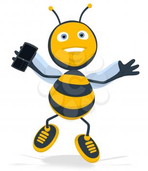 Royalty Free Clipart Image of a Happy Bee With a Cellphone