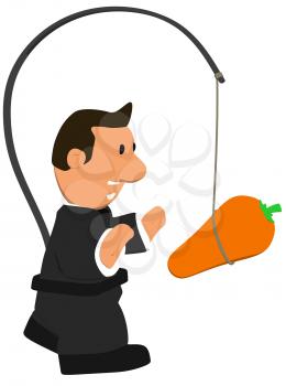 Royalty Free Clipart Image of a Businessman With a Carrot Hanging in Front of Him