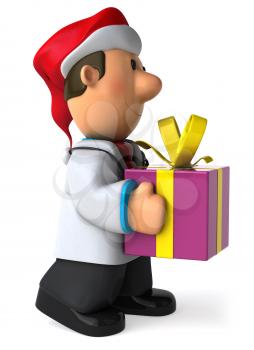 Royalty Free Clipart Image of a Doctor in a Santa Hat With a Gift