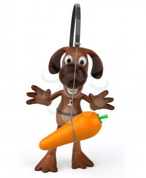 Royalty Free Clipart Image of a Dog With a Carrot in Front of Him