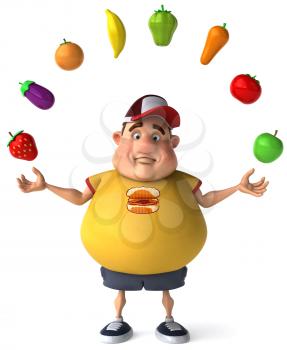 Royalty Free Clipart Image of an Overweight Man Juggling Healthy Food