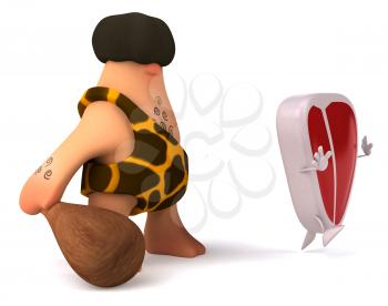 Royalty Free Clipart Image of a Caveman Chasing a Steak