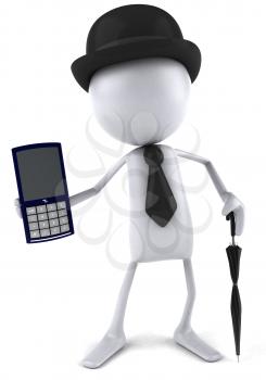 Royalty Free Clipart Image of a Man In a Bowler Showing a Calculator
