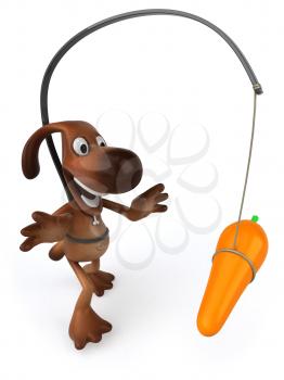 Royalty Free Clipart Image of a Dog With a Carrot in Front of Him