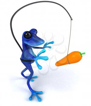 Royalty Free Clipart Image of a Frog With a Carrot Dangling in Front of It