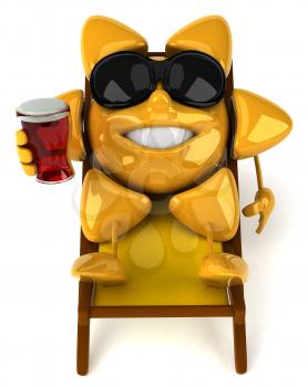 Royalty Free Clipart Image of a Sun in Sunglasses Holding a Drink Lounging in a Chair