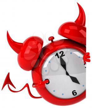 Royalty Free Clipart Image of a Devil Alarm Clock Peering Around a Wall