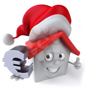 Royalty Free Clipart Image of a House in a Santa Hat Holding a Euro Sign