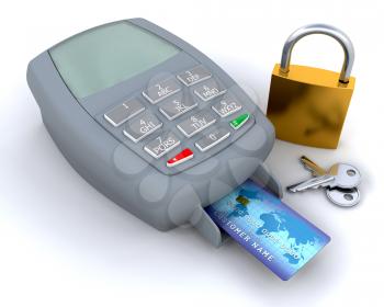 Royalty Free Clipart Image of a Credit Card in a Machine With a Padlock and Keys