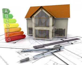 Royalty Free Clipart Image of Energy Ratings and a House on Plans
