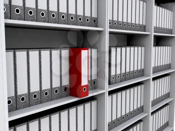 Royalty Free Clipart Image of a Files on Shelves With a Red One
