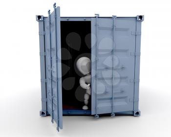 Royalty Free Clipart Image of an Open Freight Container and a Man Inside