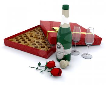 Royalty Free Clipart Image of Champagne and a Box of Chocolate