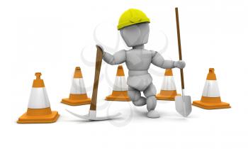 Royalty Free Clipart Image of a Worker With Pylons, a Pickax and Shovel