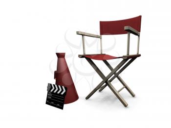 Royalty Free Clipart Image of a Director's Chair, Bullhorn and Clapper