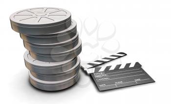 Royalty Free Clipart Image of a Stack of Film Reels and a Clapper Board