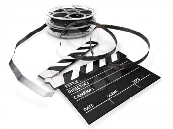 Royalty Free Clipart Image of Film Reels and a Clapper Board