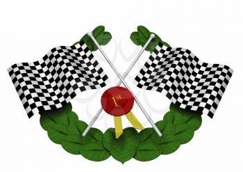 Royalty Free Clipart Image of Checkered Flags, a Wreath and Ribbon