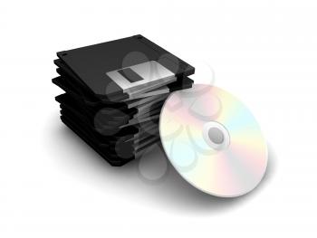 Royalty Free Clipart Image of a Stack of Floppy Disks and a CD