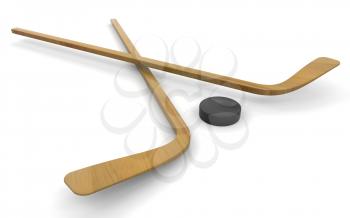 Royalty Free Clipart Image of a Hockey Sticks and a Puch