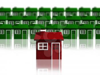 Royalty Free Clipart Image of a Red House in Front of Green Houses