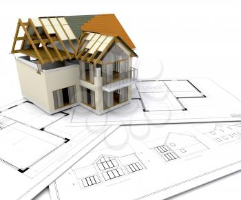 Royalty Free Clipart Image of a House Under Construction on Blueprints