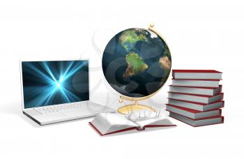 Royalty Free Clipart Image of a 3D Laptop, Globe and Books
