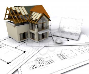 Royalty Free Clipart Image of a House Under Construction Sitting on Blueprints