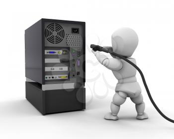 Royalty Free Clipart Image of a 3D Person Plugging a Cable Into a Computer