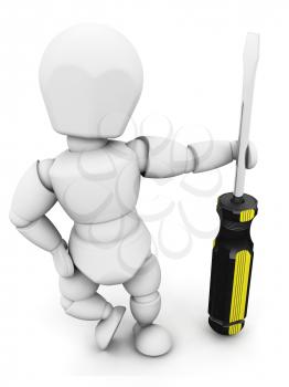 Royalty Free Clipart Image of a 3D Person Holding a Screwdriver