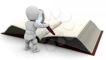 Royalty Free Clipart Image of a 3D Person Looking at a Book Through a Magnifying Glass