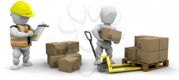 Royalty Free Clipart Image of a Guy Stacking Boxes While Another Writes on a Clipboard