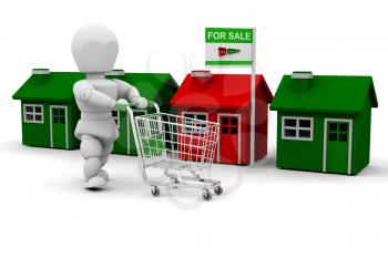 Royalty Free Clipart Image of a Person Pushing a Shopping Cart in Front of a Row of Houses