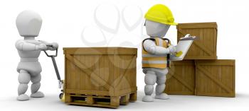 Royalty Free Clipart Image of a Workers Stacking Boxes