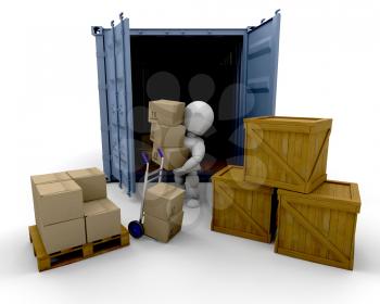 Royalty Free Clipart Image of a Person Unloading From a Freight Container