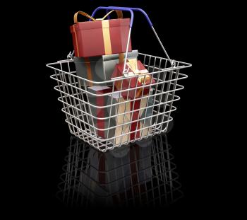 Royalty Free Clipart Image of a Shopping Basket Full of Christmas Presents