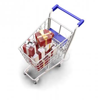 Royalty Free Clipart Image of a Shopping Cart Full of Presents