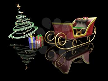 Royalty Free Clipart Image of Santa's Sleigh and a Christmas Tree