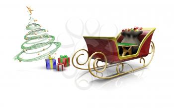 Royalty Free Clipart Image of Santa's Sleigh and Presents Under the Tree