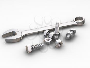 Royalty Free Clipart Image of a Wrench With Nuts and Bolts