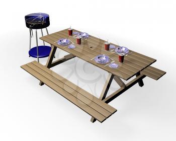 Royalty Free Clipart Image of a Set Picnic Bench and Barbecue