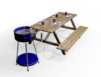 Royalty Free Clipart Image of a Picnic Table and Barbecue