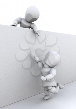 Royalty Free Clipart Image of a Person Helping Another Person Over a Wall