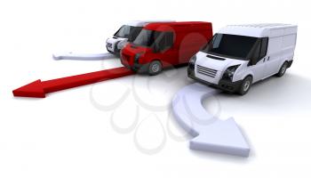 Royalty Free Clipart Image of a Delivery Van Fleet on Arrows