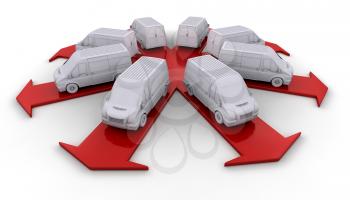 Royalty Free Clipart Image of a Fleet of White Vans on Arrows