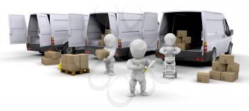 Royalty Free Clipart Image of People Loading Boxes Into Delivery Vans