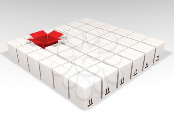 Royalty Free Clipart Image of a Square of Boxes With an Open Red One